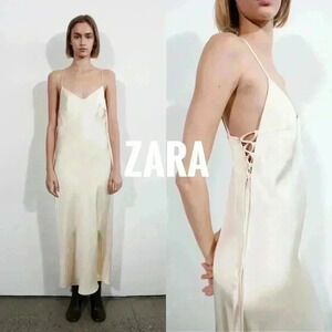 ❤️ BNWT Zara SATIN LINGERIE STYLE DRESS size M in Soft  Gold